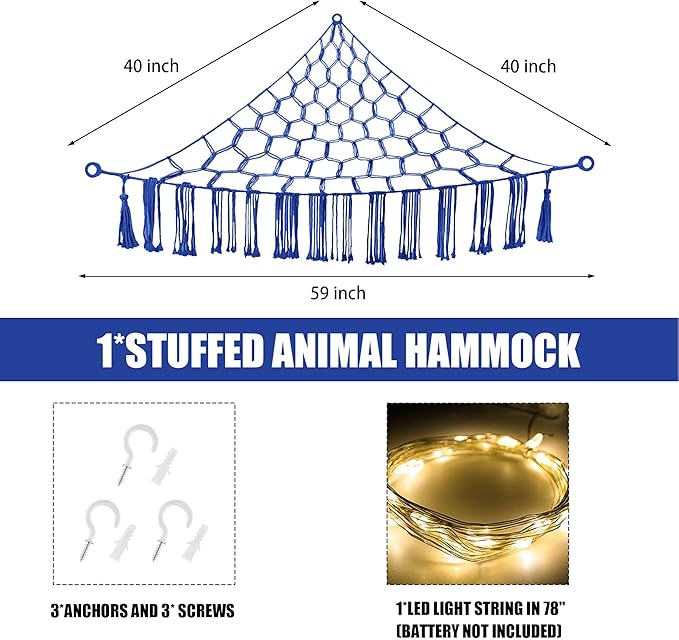 Stuffed Animal Hammock with LED Light, Toy Hammock for Stuffed Animals Storage for Kids Room Decor, Stuffed Animal Hammock Corner, Royal Blue
