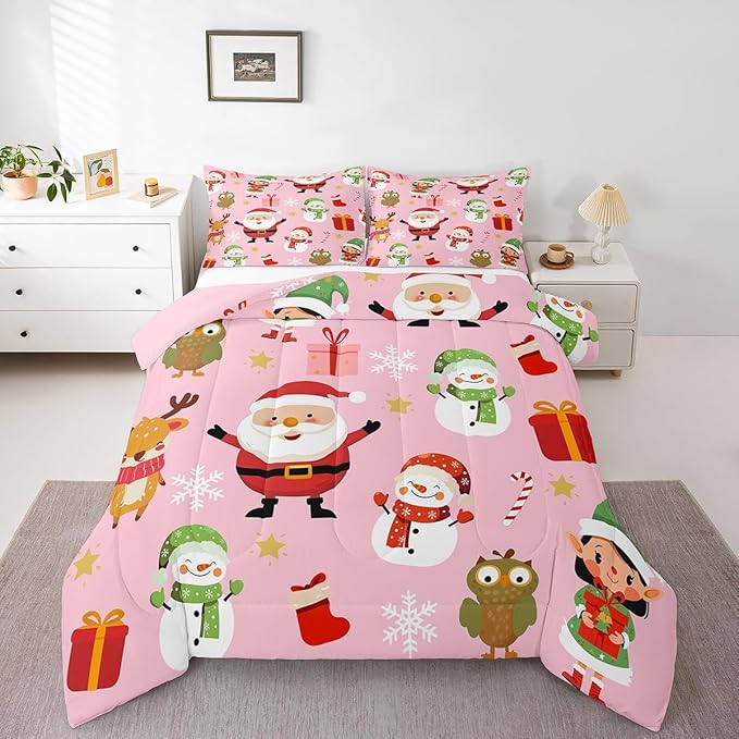 Erosebridal Merry Christmas Bedding Set for Kids Santa Claus Quilts Cute Cartoon Snowman Comforter Set Toddler Size 1 Pillow Case Xmas Snowflake Duvet Insert,Pink