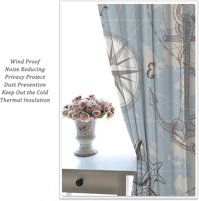 Nautical Theme Window Curtains,Pirate Sailboat Curtains for Bedroom,Conch Starfish Print Draperies for Living Room,Ocean Window Treatment Curtains Set 2 Panels,52x84 Inches