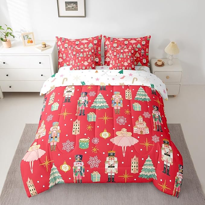 Erosebridal 7Pcs Red Christmas Comforter Set Twin Size,Christmas Nutcracker Bedding Set,Girly Dreamy Princess Bed in A Bag,Xmas Pine Tree Snowflake Quilt with Flat Fitted Sheet,Red