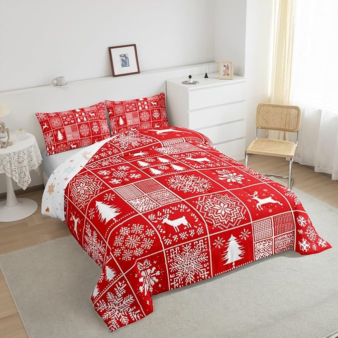 Kids Merry Christmas Comforter Set Queen Size,Deer Snowflake Pines Silhouette Bedding,Girls Boys Adults Bedroom/Xmas Cabin Decor,Geometric Lattice Down Comforter,Red Bright Duvet Insert,2 Pillowcases