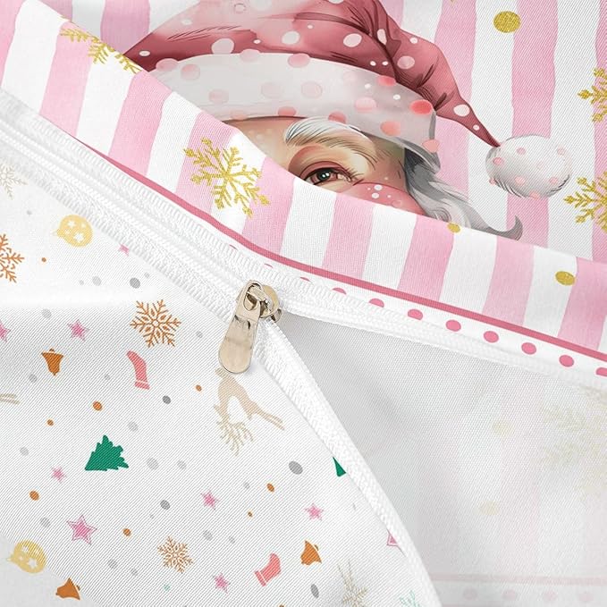 Manfei Cartoon Santa Claus Duvet Cover,New Yrar Decor Golden Snowflake Christmas Theme Bedding Set for Bedroom Decor,Girly Pink Geometric Stripes All Season Bedding (NO Comforter) Full Size