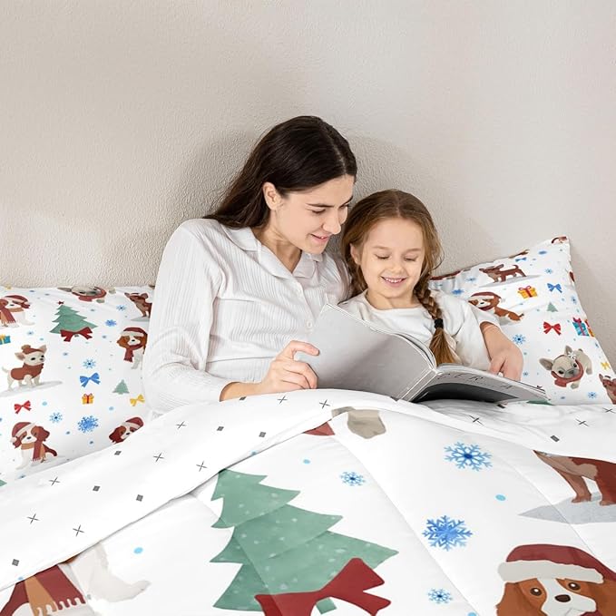 Feelyou Christmas Puppy Comforter Set All Season Festive Pet Bedding Set with 2 Pillow Cases Cute Dog Kids Queen Bedclothes Xmas Tree Snowflake Bedroom Decor Duvet Quilt Breathable Soft Lightweight