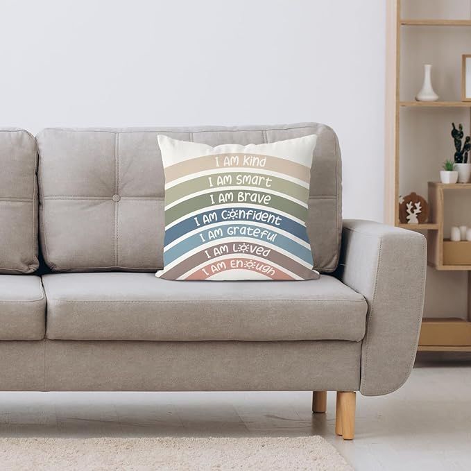 QIYUHOY Boho Rainbow Classroom Throw Pillow Covers, Book Center Calming Corner Playroom Decor Pillow Case, Reseda Pillow Cover, I Am Kind Smart Brave Confidence 20x20 Inch Pillowcase(reseda)