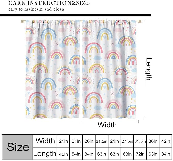 Kids Rainbow Curtains Boho Cartoon Colorful Stars Love Heart Lovely Abstract Art Pattern Print Window Drapes for Girl Bedroom Living Room Kitchen Decor,2 Panel Set,42Wx63H Inch Blackout