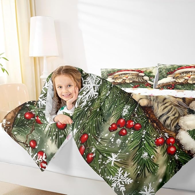 Xmas Cat Kid Comforter Set Twin Size,Snowflake Holly Berry Winter Bedding Set Boy Girl Room Decor,Christmas Poinsettia Animal Quilt Comforter,Green Yellow Duvet Set Bedroom Quilt Set,1 Pillowcase