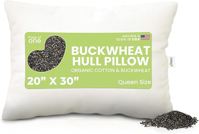 Bean Products 20" x 30" Queen Bed Pillow for Sleeping – Organic Buckwheat Fill with Organic Cotton Fabric, Soft Head Pillow – Eco-Friendly, Breathable, and Durable Sleep Aid, Made in The USA