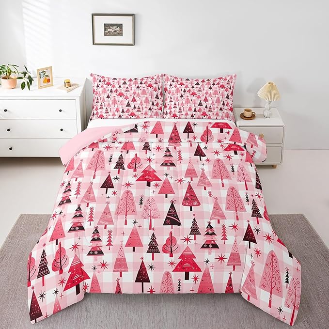 Manfei Cartoon Tree Comforter Set Twin Size, Christmas Theme Bedding Set 2pcs for Kids Girls Adults Bedroom Decor, New Year Pink Plaid Down Comforter Soft Polyester Quilt Set with 1 Pillowcase