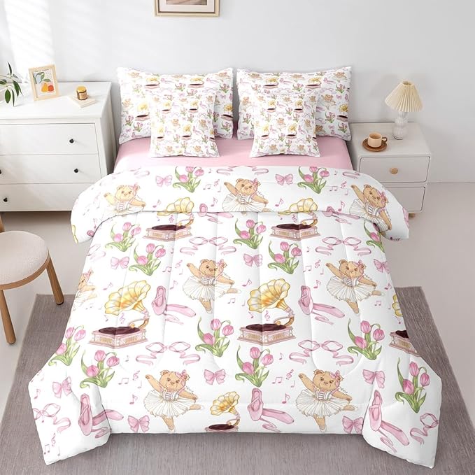 Pink Bowknot Princess Comforter Queen Size,Ballet Shoes Bear Dancer Cartoon 7 Pcs Bedding Set,Tulip Flower Music Note Record Decor,Bow Tie Romantic （Fitted+Sheet+2 Pillowcases+2 Throw Pillow Covers）