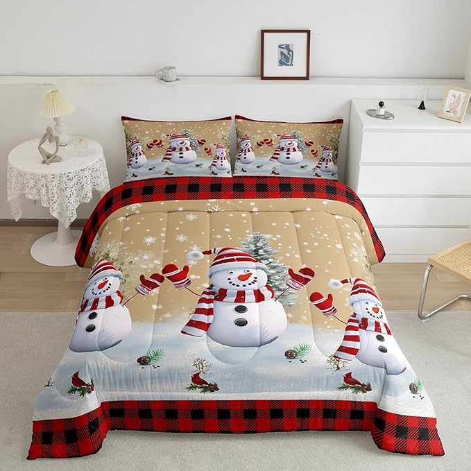 Cartoon Snowman Kids Christmas Comforter Set King Size,Pines Snowflake Rustic Bedding,Girls Boys Adults Bedroom/Xmas Cabin Decor,Grids Geometric Down Comforter,Farmhouse Duvet Insert,2 Pillowcases