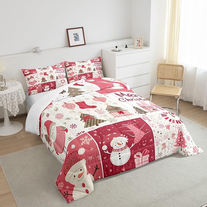 Christmas Tree Comforter Set Twin Size,Merry Christmas Bedding Set for Kids Boys Girls Room Decor,Snowman Christmas Tree Snowflake Quilt Set 2Pcs,Cartoon Plaid Patchwork Duvet Insert,1 Pillowcase