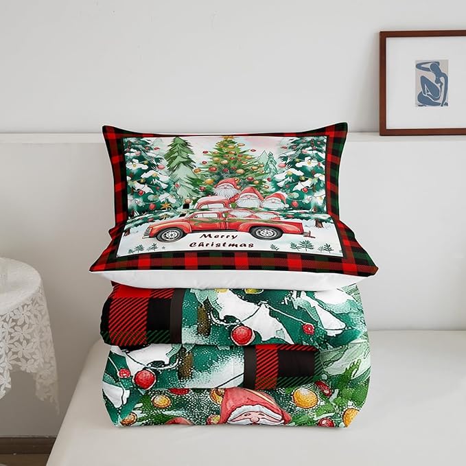 Xmas Theme Comforter Set Twin Size,Christmas Tree Retro Red Truck Bedding Set for Kids Boys Girls Room Decor,Black Red Plaid Quilt Set 2Pcs,Cartoon Gnome Merry Christmas Duvet Insert,1 Pillowcase
