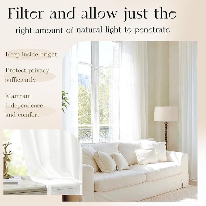 Dreaming Casa White Sheer Curtains 204 Inches Long, Rod Pocket & Back Tab Light Filtering Textured Sheers for Living Room Bedroom, 2 Panels, Each 52" W x 204" L