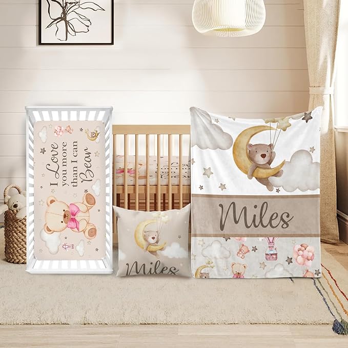 Custom Crib Bedding Set - Bear Design Personalized Name Baby Nursery Bedding 3 Pcs Set - Chic Soft Blanket, Sheet, Pillowcase for Newborns Boys Girls Gifts Color02