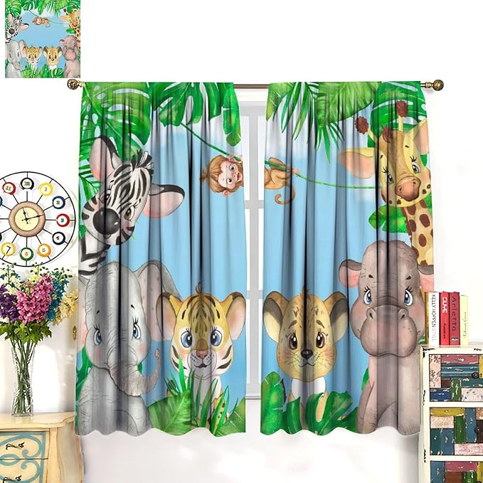 Kids Animals Blackout Curtains Watercolor Cartoon Cute Animals Green Jungle Art Printed for Children Girls Boys Bedroom Nursery Rod Pocket Decoration Window Drapes 2 Panels W21xL63in