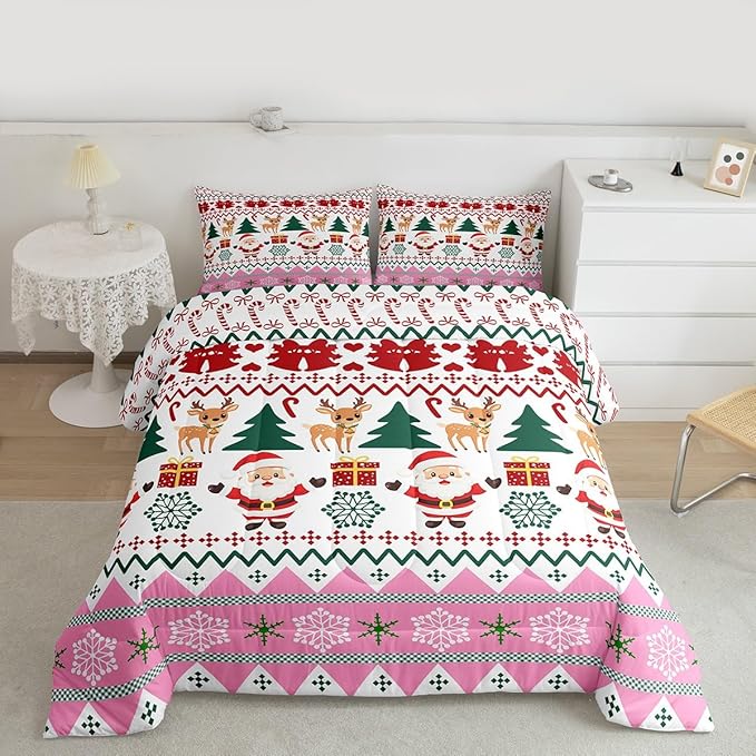 Feelyou Merry Christmas Comforter Set All Season Santa Claus Bedding Set with 1 Pillow Cases Cute Deer Microfiber Kids Toddler Bedclothes Snowflake Bedroom Decor Duvet Quilt Breathable Soft