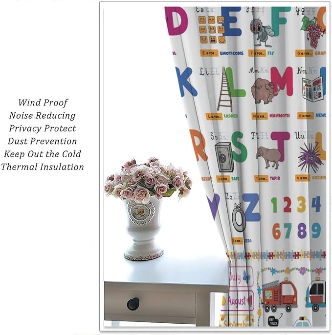 Alphabet Curtain for Kids Room ABC Letter Educational Learning Animal Number Printed Rod Pocket Blackout Window Drapes for Bedroom Playroom Classroom 42" W X 54" L