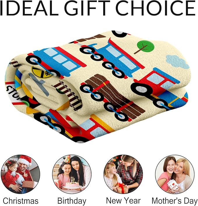 Personalized Train Blanket for Boys Kids - 40" x 50" Inches Cartoon Train Blanket Gifts - Yellow Warm Soft Flannel Throw for Crib, Couch, Sofa