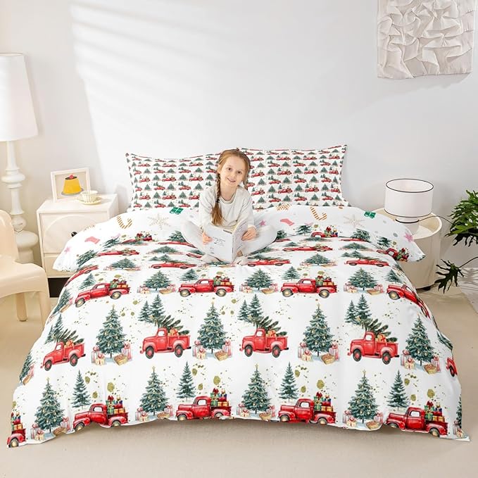 Feelyou Christmas Duvet Cover Boys Christmas Tree Bedding Set for Kids Teens Ultra Soft Cartoon Car Comforter Cover Set Watercolor Xmas Theme Bedspread Cover Room Decor King Size Bedclothes Zipper