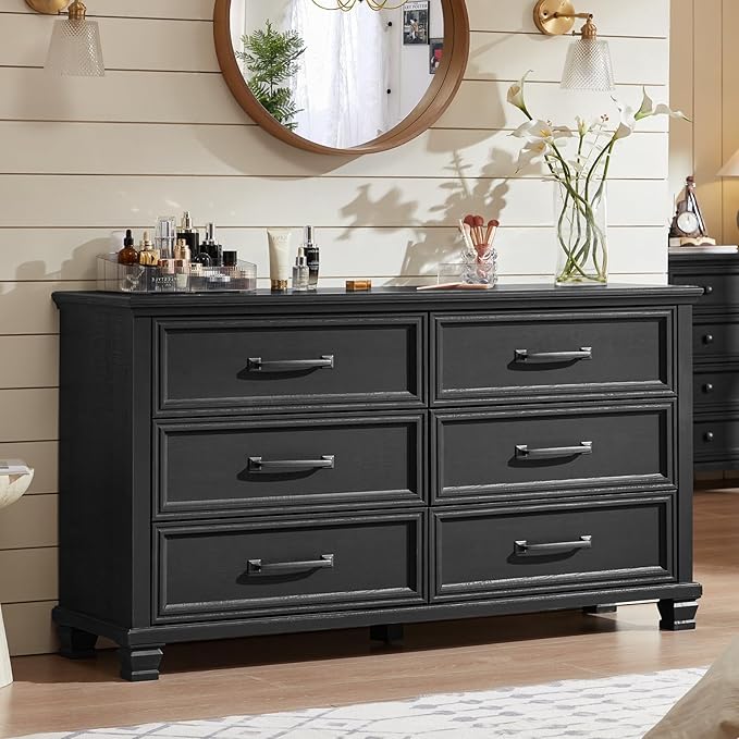 Farmhouse Bedroom Dresser and Nightstand Set of 4, 6 Drawer Low & 5 Drawers Dresser & 2 Drawer Nightstand Set, Rustic Wood Furniture Set for Bedroom, Hallway, Black