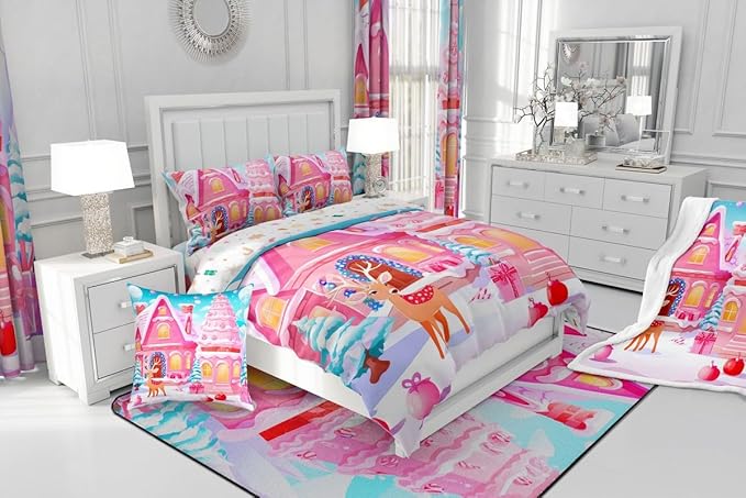 Feelyou Christmas Pink Comforter Cover Set Cute Deer Print Bedding Set Twin Size for Kids Boys Girls Bedroom Bed Decor Xmas Christmas Duvet Cover Soft Bedspread Cover,No Comforter