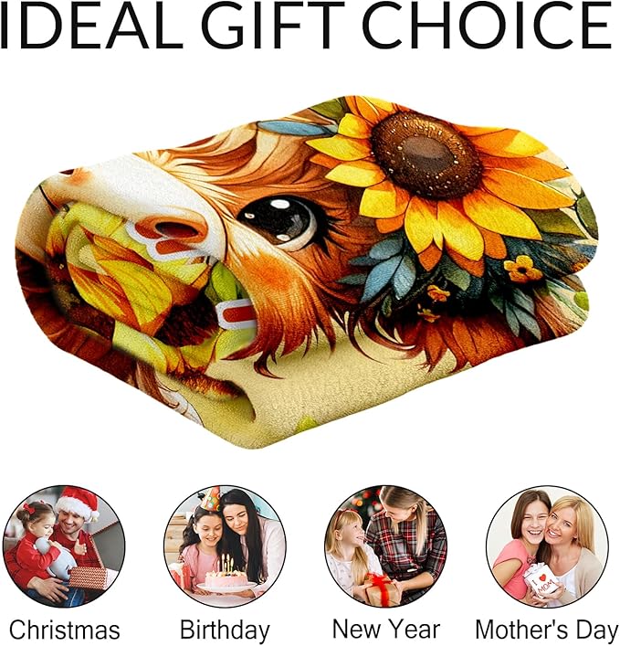 Custom Highland Cow Blanket for Women - 60" x 80" Inches Cute Highland Cow Blanket for Adults - Yellow Warm Cozy Throw for Sofa, Bed & Living Room