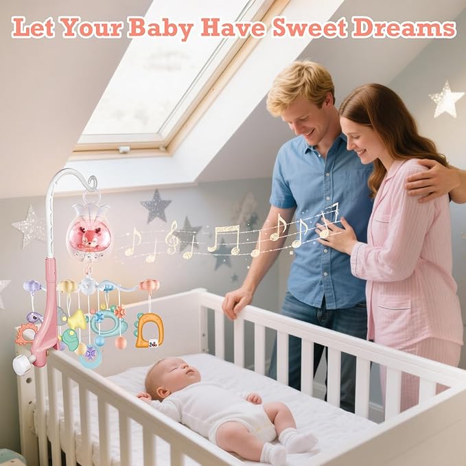 Crib Mobiles for Babies with Music, Rotatable Baby Mobile for Crib with Projection, Timing Function and Baby Rattles Toy, Baby Crib Toys Hanging for Boys Girls 0-12 Months (Pink)