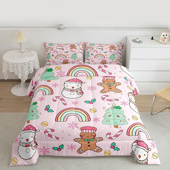 Feelyou Christmas Kids Comforter Set King Size Merry Christmas Tree and Snowman Bedding Set Gingerbread Man Duvet Quilt for Kids Boys Girls Bedroom Rainbow Print Decor Snowflake Ultra Soft Breathable