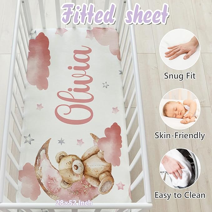 Personalized Baby Crib Bedding Set, 5 Pcs Custom Name Nursery Bedding Set for Girls Boys, Pink Bear Baby Crib Set for Toddlers Infants, Double Layer Bedding Crib Sets Customized Gifts