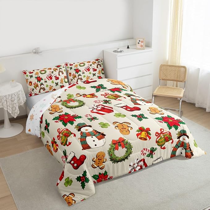 jejeloiu Merry Christmas Comforter Set King Size Cute Snowman Bedding Set for Kids Boys Girls Gingerbread Man Duvet Quilt Beige Bedroom Decor