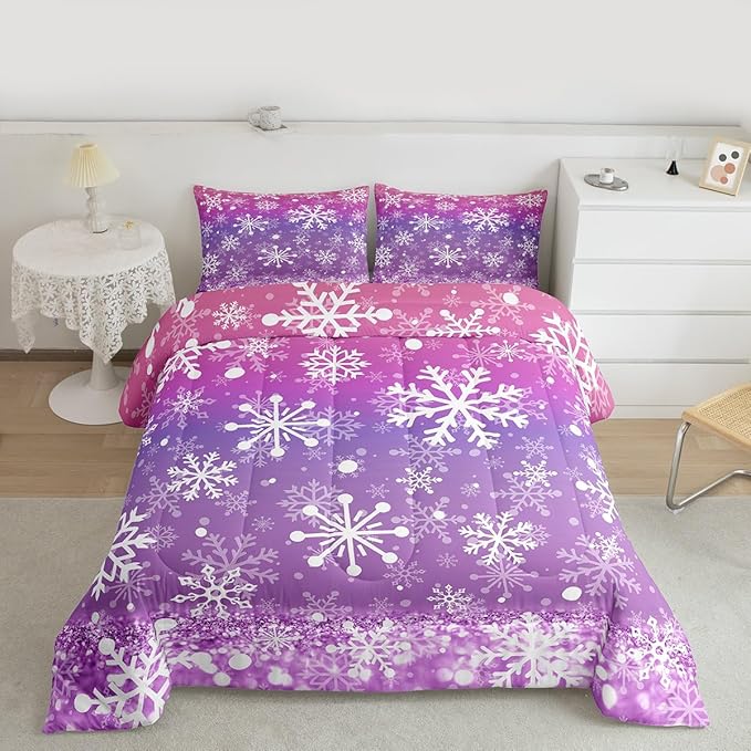 Feelyou Christmas Comforter Set All Season Pink Purple Bedding Set with 2 Pillow Cases Winter Snowflake Microfiber Kids King Bedclothes New Year Holiday Bedroom Decor Duvet Quilt Soft Lightweight