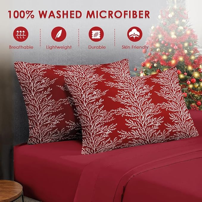 7 Pcs King Size Christmas Comforter Set with 2 Pillowcases & 2 Shams, Red Botanical Bedding for Kids and Adults, Winter Tree Branch Bed in a Bag with Flat Fitted Sheet