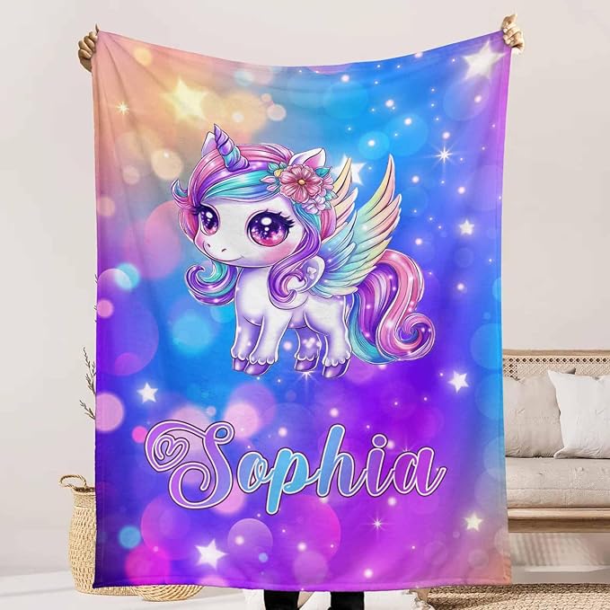 Ship Next Day, Custom Baby Blanket with Name for Girls Boys, Cute Unicorn Blankets, Personalized Name & Animals Blankets for Kids Teens, Christmas Birthday Gifts for Daughter Son Nephew Niece