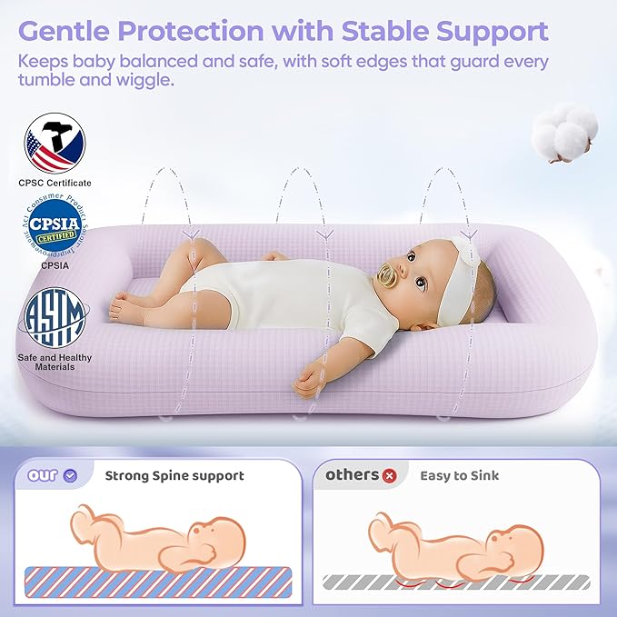 Baby Lounger for Newborn - Infant Lounger 0-24 Months with Lounger Cover, Cooling Baby Nest Lounger, Breathable Waffle Fabric & 3D Support, Portable Newborn Essentials, Pink