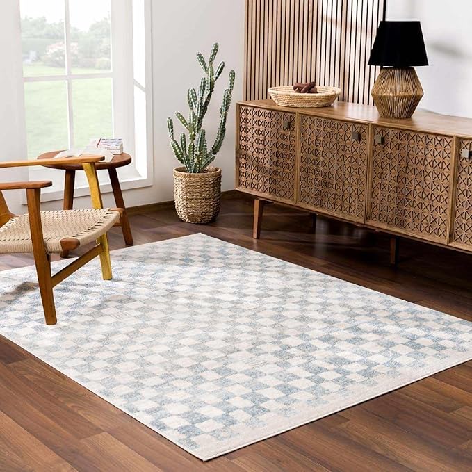 Hauteloom Benjy Living Room, Bedroom Area Rug - Farmhouse - Cream, Silver Blue - 5'3" x 7'