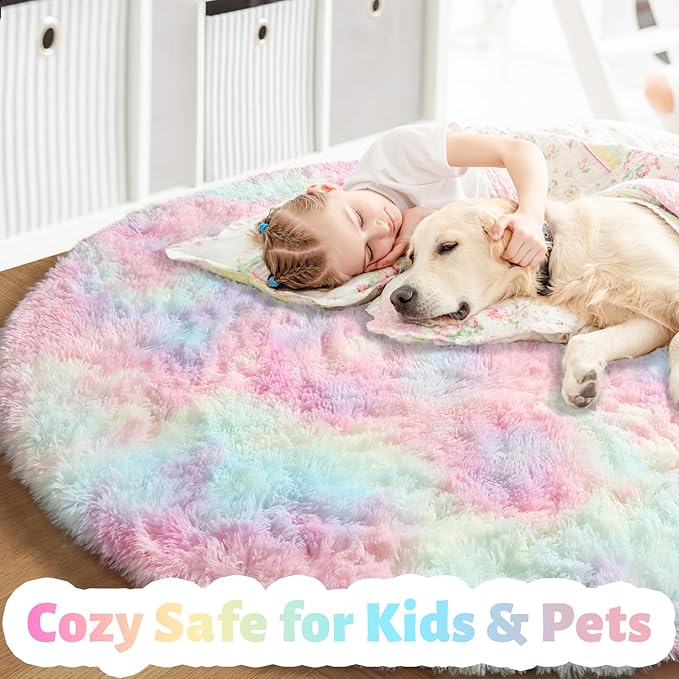 Amdrebio Rainbow Fluffy Round Rug 6Ft Kids Rugs for Girls Bedroom, Unicorn Room Decor, Colorful Pastel Plush Floor Carpet for Playroom Baby Nursery, Cute Shag Kawaii Circle Area Rug for Teen Princess