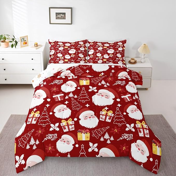 jejeloiu Santa Claus Comforter Set Full Size Merry Christmas Bedding Set for Kids Boys Girls Xmas Themed Duvet Quilt Red Bedroom Decor