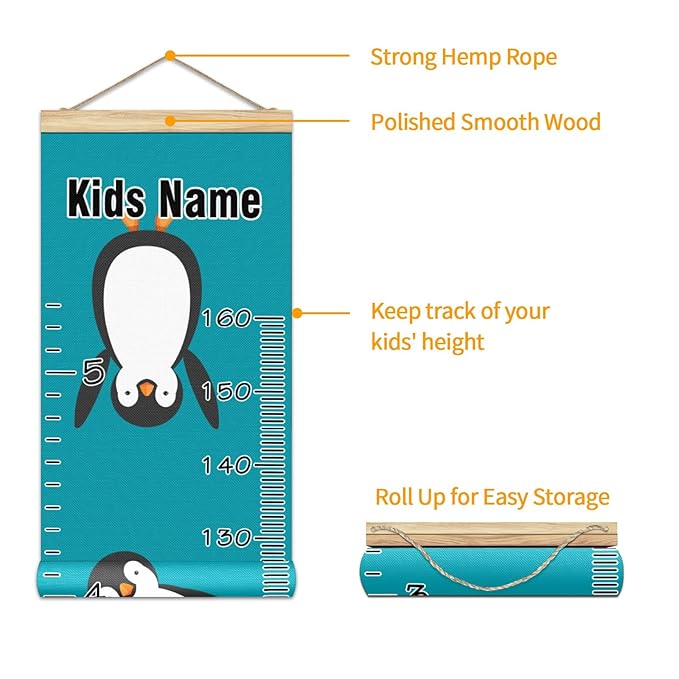 Personalized Kids Name Growth Chart Ruler for Wall Wood Frame Height Measure Chart 13.4x56 in Linen Hanging Height Growth Chart Penguin Blue Kids Room Decor