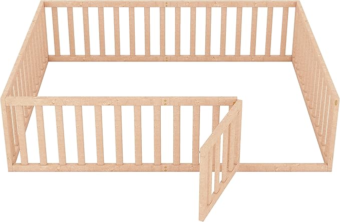Merax Queen Floor Bed with Safety Guardrails and Door, Wood Montessori Floor Bed Frame for Kids, Queen Playhouse Bed Frame for Baby Girls and Boys, Natural