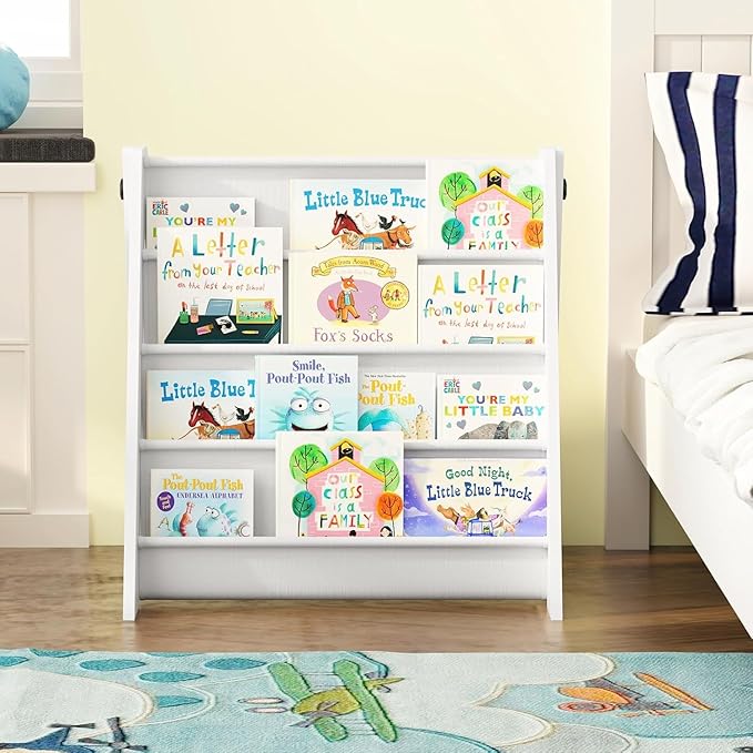 NACHES Montessori Kids Bookshelf Fabric Sling Pockets – Front Facing Toddler Book Display and Toy Storage Organizer for Nursery Playroom or Bedroom 23" Wide (White, Small)
