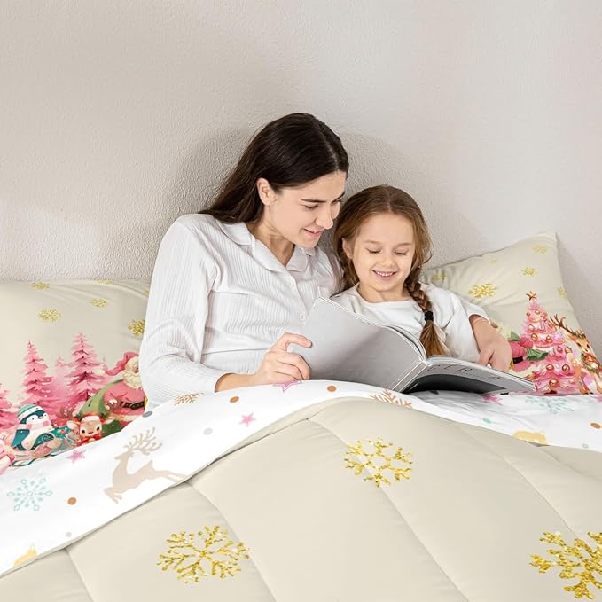 jejeloiu Merry Christmas Comforter Set King Size Santa Claus Bedding Set for Kids Boys Girls Cute Deer Duvet Quilt Beige Bedroom Decor