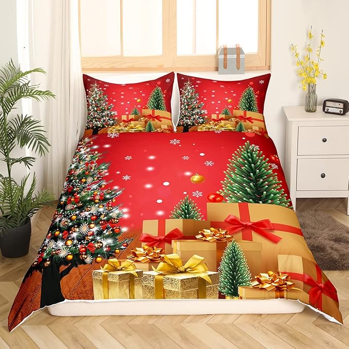 Feelyou Christmas Bedding Duvet Cover Set Kids Christmas Tree Bedding Set Boys Girls Snowflake Gift Boxes Decor Comforter Cover Set Microfiber Xmas Theme Bedspread Cover Bedroom Bedclothes Full Size