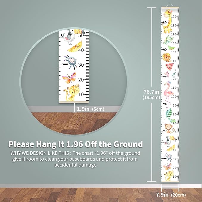 Personalized Growth Chart for Kids, Baby Height Chart with Custom Name, 77"x7.9" Canvas and Beige Wood Height Measuring Rulers for Boys Girls Removable Wall Ruler Hanging for Nursery Decor - Animals