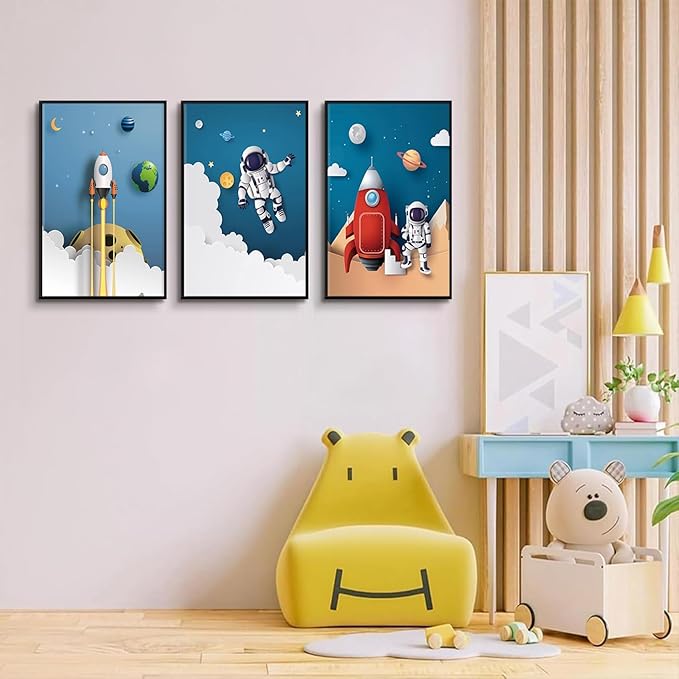 3Pcs Astronaut Canvas Wall Art Nursery Space Adventure Wall Decor Whimsical Space Themed Posters Artwork Rocket Spaceship Prints Pictures for Kids Room Boys and Girls Bedroom (12x16in Poster)