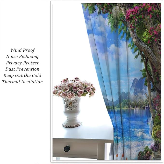 Spring Jungle Waterfall Blackout Window Curtains, Tropical Rainforest Floral Tree Waterfall Landscape Print Window Drapes, for Living Room Bedroom 72x63in 2 Panels