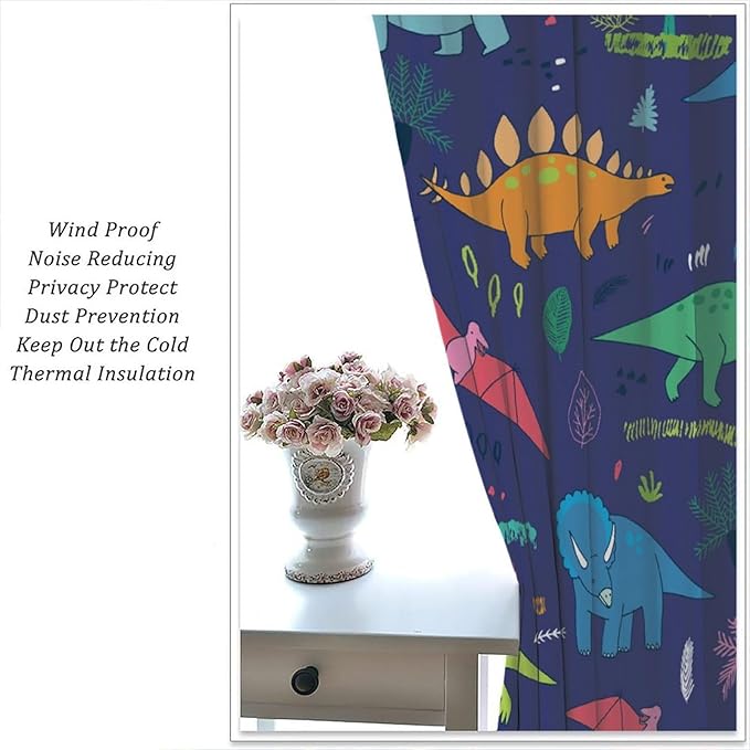 Dinosaurs Blackout Curtains Cute Cartoon Animals Dino Tropical Plant Colorful Art Print for Kids Boys Bedroom Living Room Rod Pocket Decoration Window Drapes 2 Panels W21xL63in
