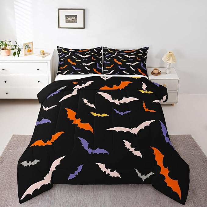Erosebridal Bat Quilt Halloween Bedroom Decor Bedding Set Toddler Size for Kids Teens Adults Bedroom Purple Gothic Bat Comforter Set with 1 Pillow Case,Spooky Duvet Insert