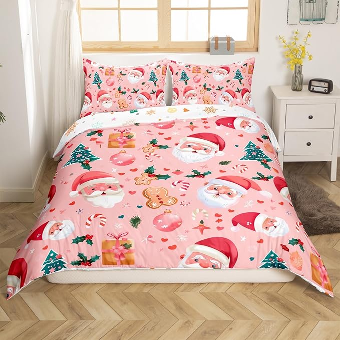 Feelyou Christmas Bedding Set Pink Christmas Duvet Cover Set for Kids Boys Girls Cookies Comforter Cover Christmas Tree Quilt Cover Bedroom Collection 2Pcs Twin Size,No Comforter