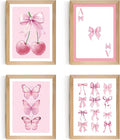 Set of 4 Framed Pink Bow Wall Art Prints Decor,12x16”Coquette Trendy Preppy Wall Decor Cherry Butterfly Canvas Wall Art Prints Framed Nursery Children Artwork Girls Playroom Bedroom Decoration