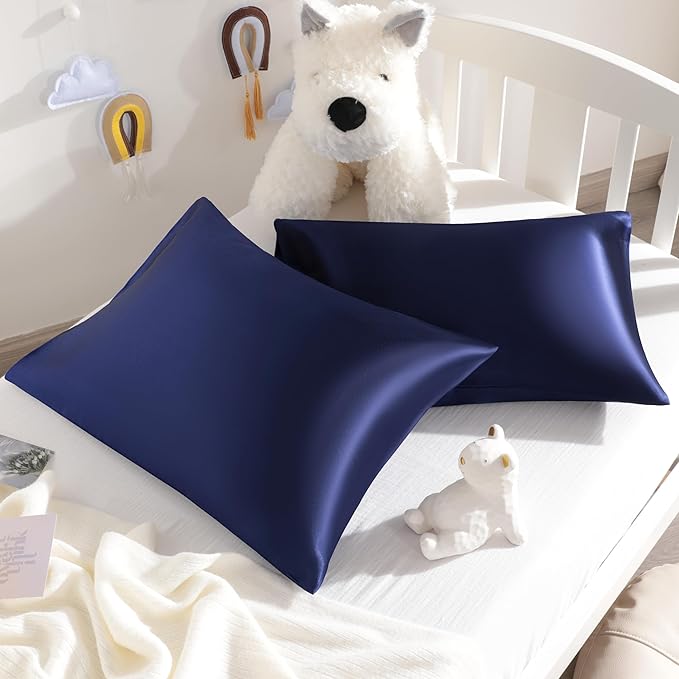 NTBAY Silk Satin Toddler Pillowcases, Small Pillow Case Pillow Cover 14x20 Inches with Envelope Closure, Soft and Silky Cooling Travel Pillow Cover for Nursery, Kids, Boys and Girls, Navy Blue, 2 Pack
